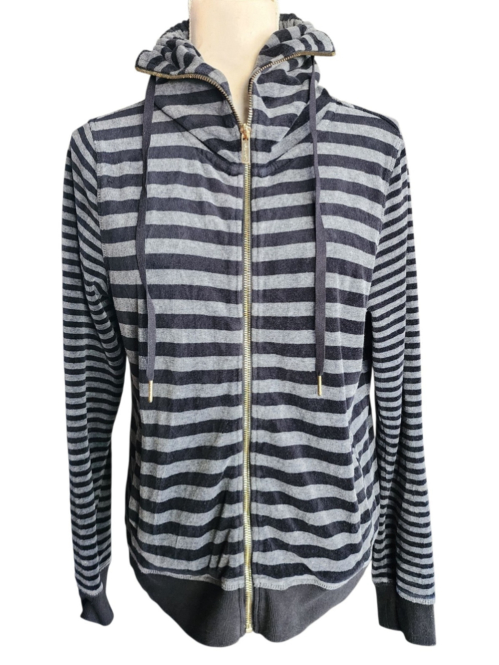 Calvin Klein Black Gray Striped Zip-Up Hoodie Jacket M Gold Hardware Soft Terry